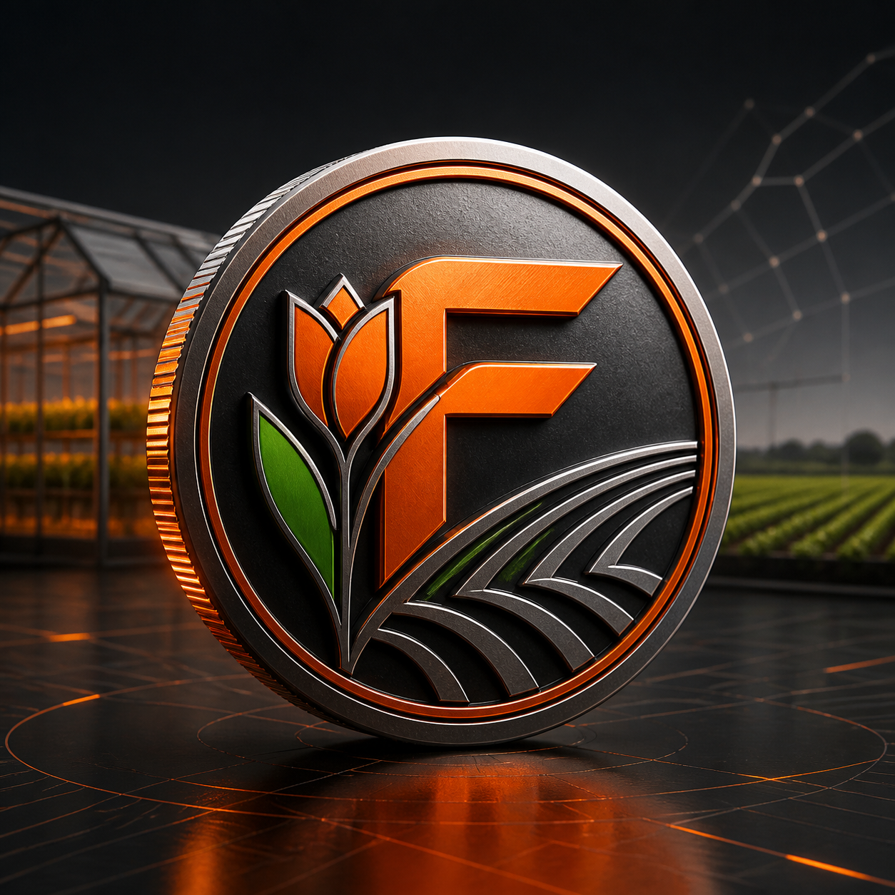 Moeda FOPPE laranja com paisagem agro ao fundo